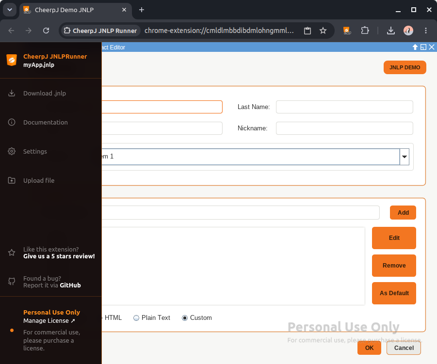 Extension side panel expanded next to a running application, showing the
Upload file option